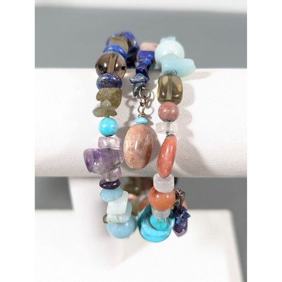 Multi Gemstone Bead Flex Wire Coil Wrap Bracelet 7" Amethyst Quartz - Picture 2 of 8